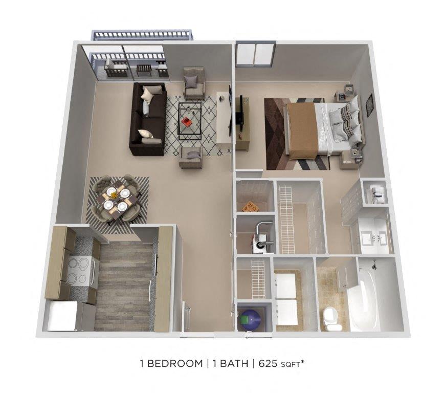 Floor plan for 1 bed, 1 bath, 625 sqft